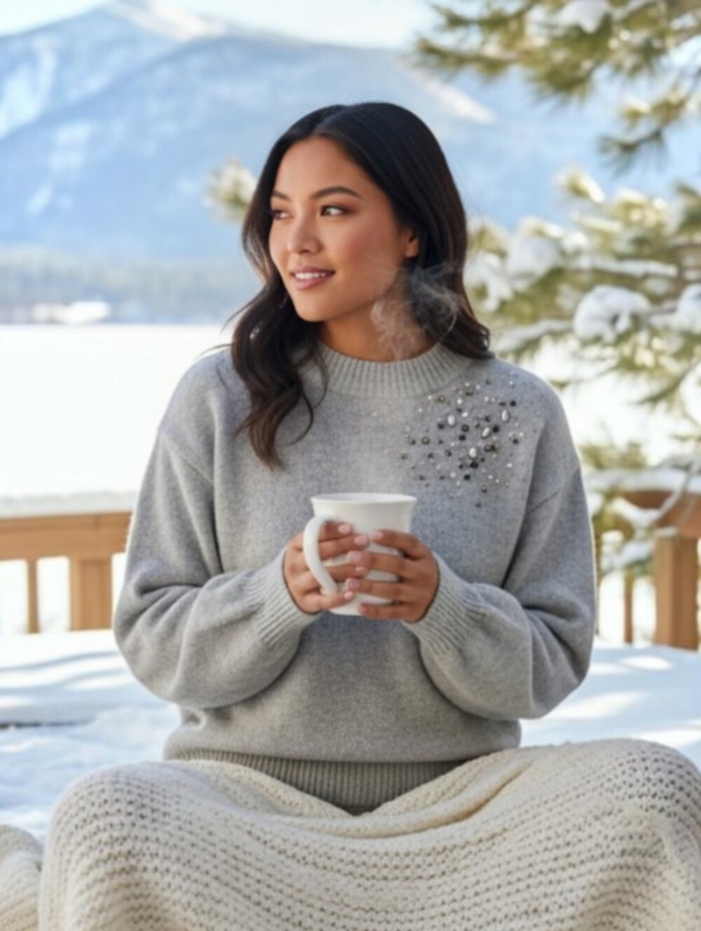 a new day Light Gray Embellished Crewneck Sweater